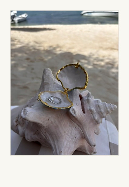 El anillo de compromiso sobre una concha y una caracola